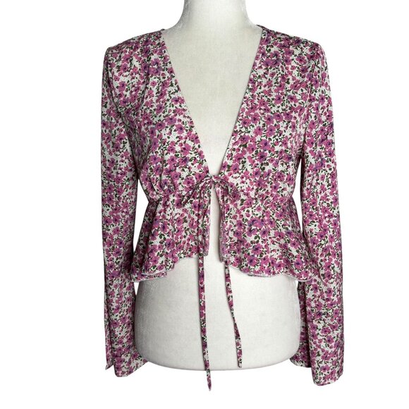Floral Long Bell Sleeve Tie Front Peplum Blouse Medium Pink White Deep V Neck - Picture 1 of 6
